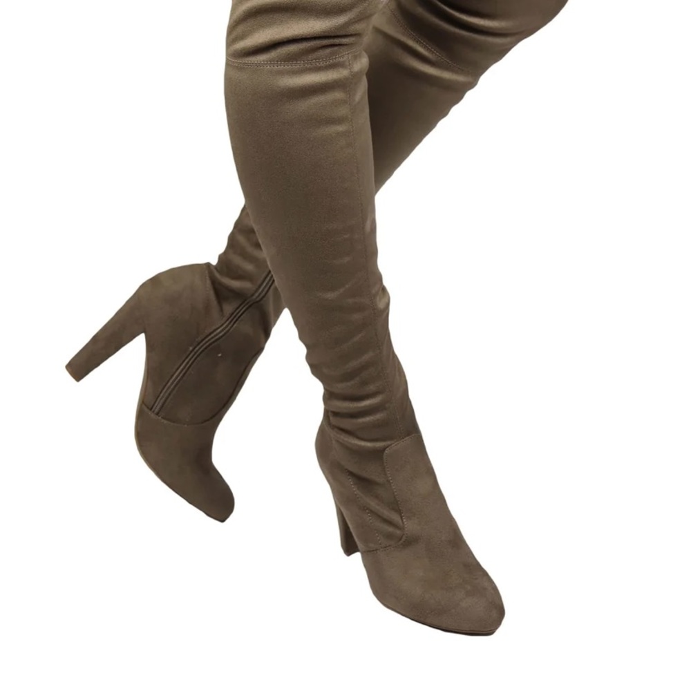 Wild Diva Womens Taupe Faux Suede Sexy Fitted Thigh High Chunky Heel Boots